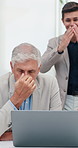 Meeting, bad news and business people on laptop in office for financial crisis, investment and trading fail. Stress, corporate and men on computer upset, frustrated and disappointed for stock market