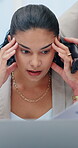 Business woman, hands and stress with chaos for multitasking, case deadline and workload. Lawyer, laptop and overwhelmed by busy employees with phone call, documents review and poor time management
