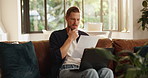 Man, documents and thinking with laptop on sofa for finance, expenses or mortgage bills at home. Male person, wonder or reading with paperwork on computer for financial planning, fund or debt review