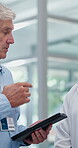 Doctor, group and tablet for meeting, healthcare and hospital advice for treatment in office. Medical people, surgery discussion and clinic feedback for planning, consultation and recovery or healing