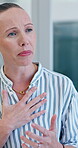 Chest pain, sick woman and consultation with doctor for coughing, asthma symptoms or flu. Respiratory illness, breathing problem or patient in discussion for health, virus or lung infection in clinic