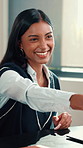 Happy woman, meeting or handshake with team for business deal, agreement or collaboration at office. Female person, employee or colleagues shaking hands with smile for b2b partnership or introduction