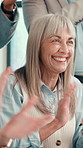 Mature, happy woman and meeting with applause for business success or motivation at office. Female person, employee or colleagues clapping with smile or thank you for winning, presentation or seminar