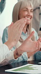 Business people, hands and documents with applause in meeting for performance or success at office. Group, employees or colleagues clapping with paperwork for statistics, review or team progress