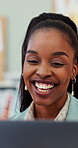 Happy, black woman and laptop with wave for video call, communication or virtual chat at office. Female person, employee or fashion designer talking on computer for online meeting, app or discussion