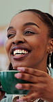 Happy, employee and woman with coffee, thinking and inspiration for project in office or reflection. Smelling, aroma and black person with ideas for career growth, vision and calm with hot beverage
