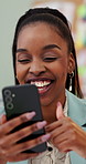 Office, black woman and smartphone with joke for laughing, scroll and online connection for message. Workplace, business person and smile with mobile for application, chat and meme on social media