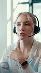 Call center, help desk and woman speaking for customer service, crm or multilingual support. Consultant, contact us and talk with headset for solution, faq or language translation for problem solving