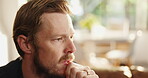 Home, stress and man with thinking on sofa for worry, reflection and regret decision. Mental health, anxiety and person with contemplation in apartment for uncertainty, remember mistake and doubt