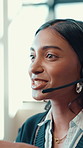 Call center, help desk and woman talking for customer service, crm or multilingual support. Happy consultant, contact us or speaking with headset for advice, faq or language translation with inquiry