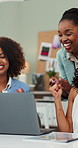 Laptop, business woman and applause for celebration, success and startup funding. Achievement, excited workers and team clapping for good news, fashion prize and cheers for goal in creative office