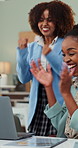 Laptop, business woman and clapping for celebration, success and startup funding. Achievement, excited workers and team applause for good news, winning prize and cheers for goal in creative office