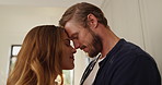 Couple, forehead touch and happy in home with bonding, care and connection with trust for relationship. People, man and woman with love, eyes closed and smile for loyalty with profile at apartment
