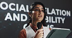 Woman, talk and tablet for speech at conference of social inflation, liability and claims for funding. Speaker, digital and review information for financial growth, risk management and economy impact