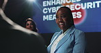 Tablet, collaboration and business people in discussion on a stage for enhanced cybersecurity measures. Meeting, technology and team of malware analysts with planning for website encryption system.