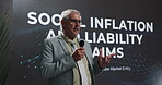 Presentation, speaker or business man with speech for social inflation, insurance or claims liability. Finance executive, mature person and mic at financial summit with solution for litigation growth