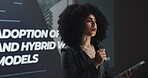 Presentation, speech and stage with professional woman in convention center for hybrid work models. Conference, development and symposium with speaker on podium to introduce business practice