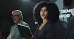 Business woman, presentation or seminar with tablet for work integration, app or technology summit. Female person, presenter or talking with projector for company growth, hybrid change or development
