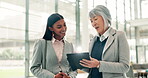Office, business people and women with tablet for feedback, legal aid and teamwork for justice. Employees, lawyer and advocate with collaboration for corporate case, digital report and discussion