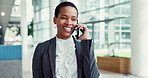 Business, woman and happy with phone call in office for case feedback, legal advice and good news. Attorney, black person and talking to client for networking, settlement negotiation and consultation