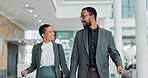 African couple, holding hands and luggage at airport with smile, discussion and love on business trip. Black people, happy and conversation on travel with baggage, care and lobby for boarding flight