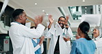 Teamwork, documents and applause with doctors in hospital for clinical trial success, support and healthcare. Medical, celebration and drug therapy paperwork with people and cheering for results