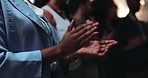 Business people, night or applause in meeting at seminar for award ceremony, thank you or well done. Closeup, group or team clapping in late evening for success, good job or presentation at summit