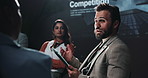 Workshop, group and man with tablet, speech or presenter with explanation in meeting and colleagues. Seminar, presentation and people with tech for discussion, corporate and listening to speaker