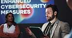 Tablet, team and business people in discussion on a stage for enhanced cybersecurity measures. Meeting, digital technology and group of malware analysts with planning for website encryption system.