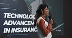 Woman, mic and tablet for speech at conference of technological advancement in insurance. Speaker, digital and talking on stage for information, automation claims and AI innovation of risk management