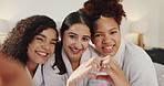 Happy women, face and heart hands with selfie at spa for love, friendship or memory together. Portrait, female people or beauty smile with emoji, gesture or sign for capture moment at luxury hotel