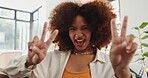 Face, woman and influencer with peace sign for live streaming, silly expression and social media. Portrait, female content creator and pov with goofy emoji for filming video, recording vlog and house