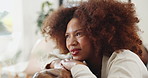 Relax, daydreaming and woman on couch, home and inspiration in living room of apartment or thinking. Calm, reflection and black person on break in lounge, resting and contemplating on sofa in house