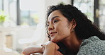 Happy, daydreaming and woman on couch, home and smile for inspiration on break in lounge or resting. Thinking, calm and person in living room for reflection, relax and contemplating on sofa in house