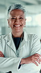 Scientist, woman and face with arms crossed in laboratory for healthcare, medical research and smile. Mature doctor, professional employee and confident portrait for pharmaceutical or study career