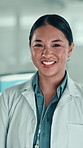 Scientist, Asian woman and face with smile in laboratory for healthcare, medical research and laugh. Female doctor, professional employee and confident portrait for pharmaceutical or study career