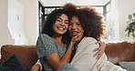 Face, women and friends hug at house with peace sign, reunion and bonding together. Portrait, people and laughing with embrace for friendship, funny poses and affection for social gathering in lounge