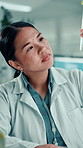 Scientist, Asian women and plant with test tube in laboratory for botany, medical research and breakthrough. Chemist, biotechnology and examine sample for pharmaceutical study or sustainable ecology