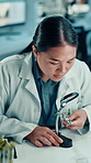 Scientist, woman and plant with magnifying glass in laboratory for botany, medical research and breakthrough. Asian chemist, biotechnology and examine sample for pharmaceutical or sustainable ecology