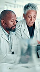 Science, teamwork and people on tablet in lab for medical research, results and feedback. Healthcare, pharmaceutical and scientists on tech for vaccine study, breakthrough and medicine discovery
