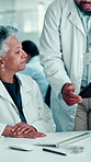 Scientist, man and woman with tablet, discussion or review at biochemistry lab with medical research. Mature people, digital touchscreen and app for results, feedback or plant sample for pharma drugs