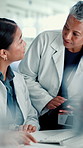 Science, team and women on tablet talking in lab for medical research, results and feedback. Healthcare, pharmaceutical and scientists on tech for vaccine study, breakthrough or medicine discovery