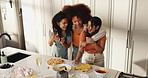 Dancing, hug and girl friends in kitchen with fun, bonding or cooking dinner together in home. Happy, rhythm and group of women with music for preparing food for supper with alcohol drinks in house.
