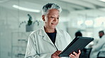 Laboratory, woman and scientist with tablet for results, investigate and scroll research for medical. Healthcare, mature person and doctor with tech for online study, information and report for test