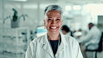 Face, science and woman in lab, research and confidence with breakthrough, specialist and smile. Mature person, scientist and employee in workplace, healthcare and happiness with pride and expert