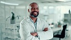 Face, science and black man with arms crossed, research and confidence with breakthrough. Mature person, scientist and employee in laboratory, healthcare and biotech expert with pride and specialist