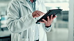 Laboratory, hands and scientist with tablet for typing, investigate and scroll report for medical. Healthcare, person and doctor with technology for online study, information and research in closeup