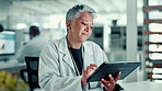 Woman, scientist and reading on tablet in lab for medical research, plant experiment and report. Mature person, online and botany investigation, study genetics and information for ecology innovation