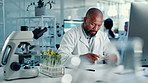 Lab, scientist and man with computer, plants and experiment for disease resistance and breakthrough. Science, biologist and mature person with tech for medical research, online and sustainability