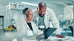 Scientist, woman and man on tablet in lab for medical research, experiment and botany. Mature people, digital and teamwork for investigation, genetic change and information for ecology transformation